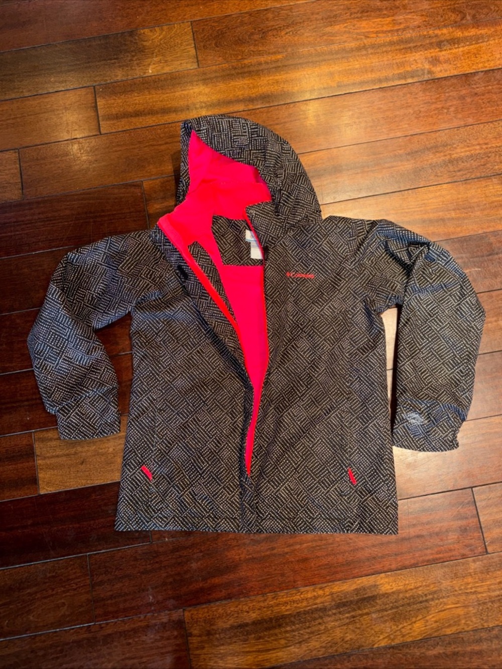 Columbia Black Geo-Print Kids Hooded Raincoat with Pink Lining